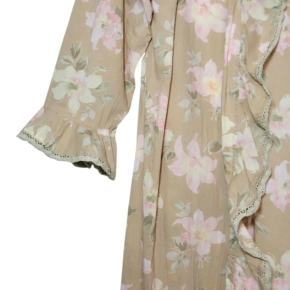 Fleurette Floral Cotton Kimono Robe Ruffle Tie Waist Maxi Beige Pink Romantic S - Picture 7 of 13